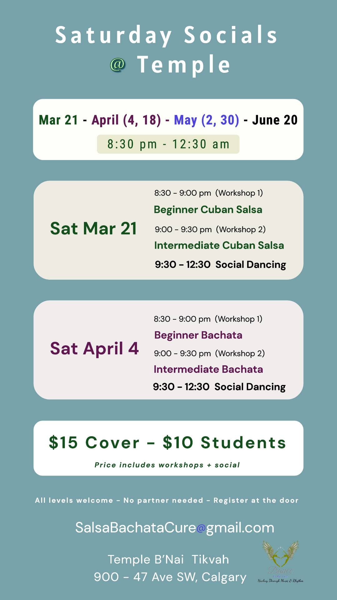 Latin Social @ Temple (Salsa, bachata, Rueda) at Temple B'nai Tikvah