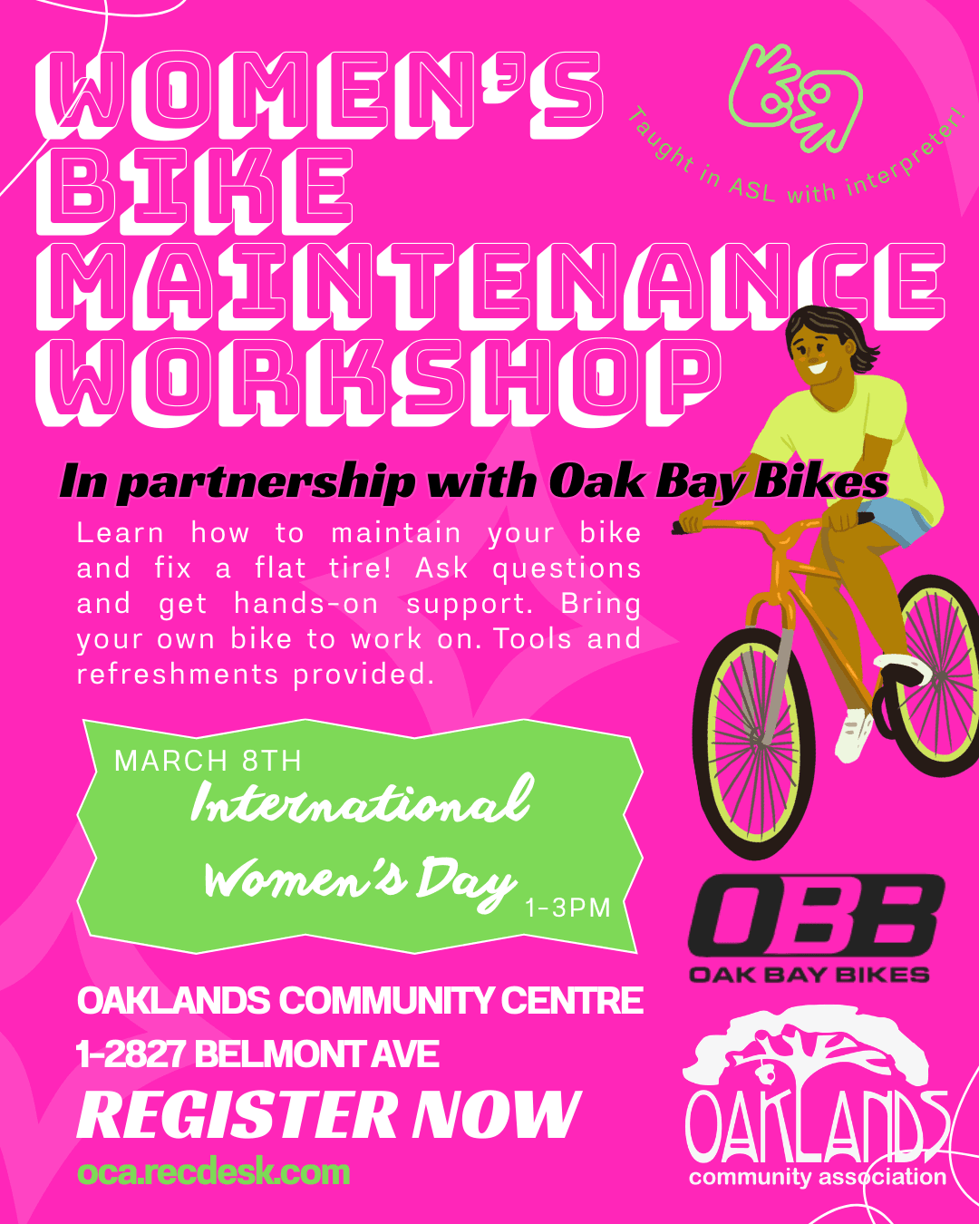 Women's Bike Maintenance Workshop at Oaklands Community Centre, 1-2827 Belmont Ave