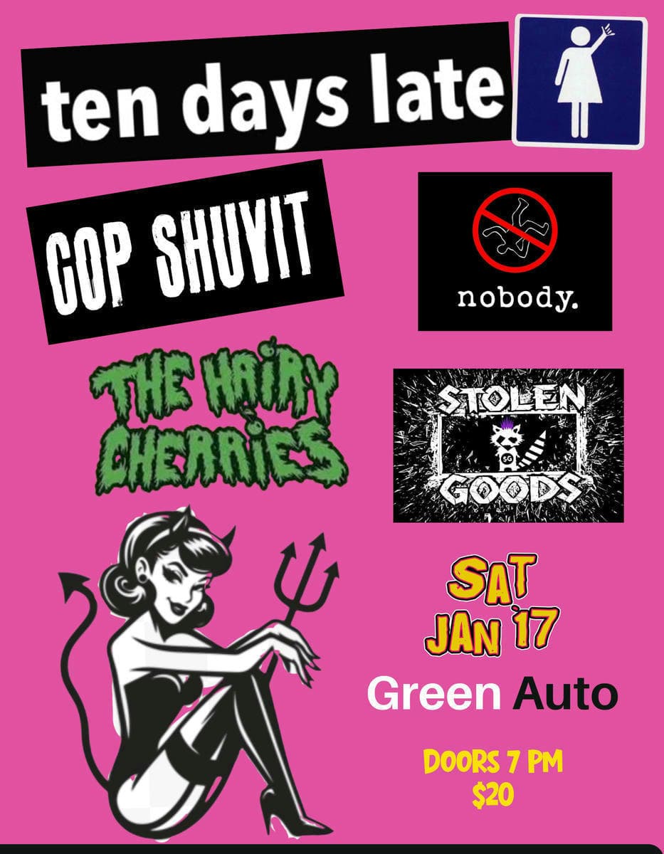 Ten days late, Cop Shuvit, Nobody, The Hairy Cherries, Stolen Goods at Green Auto