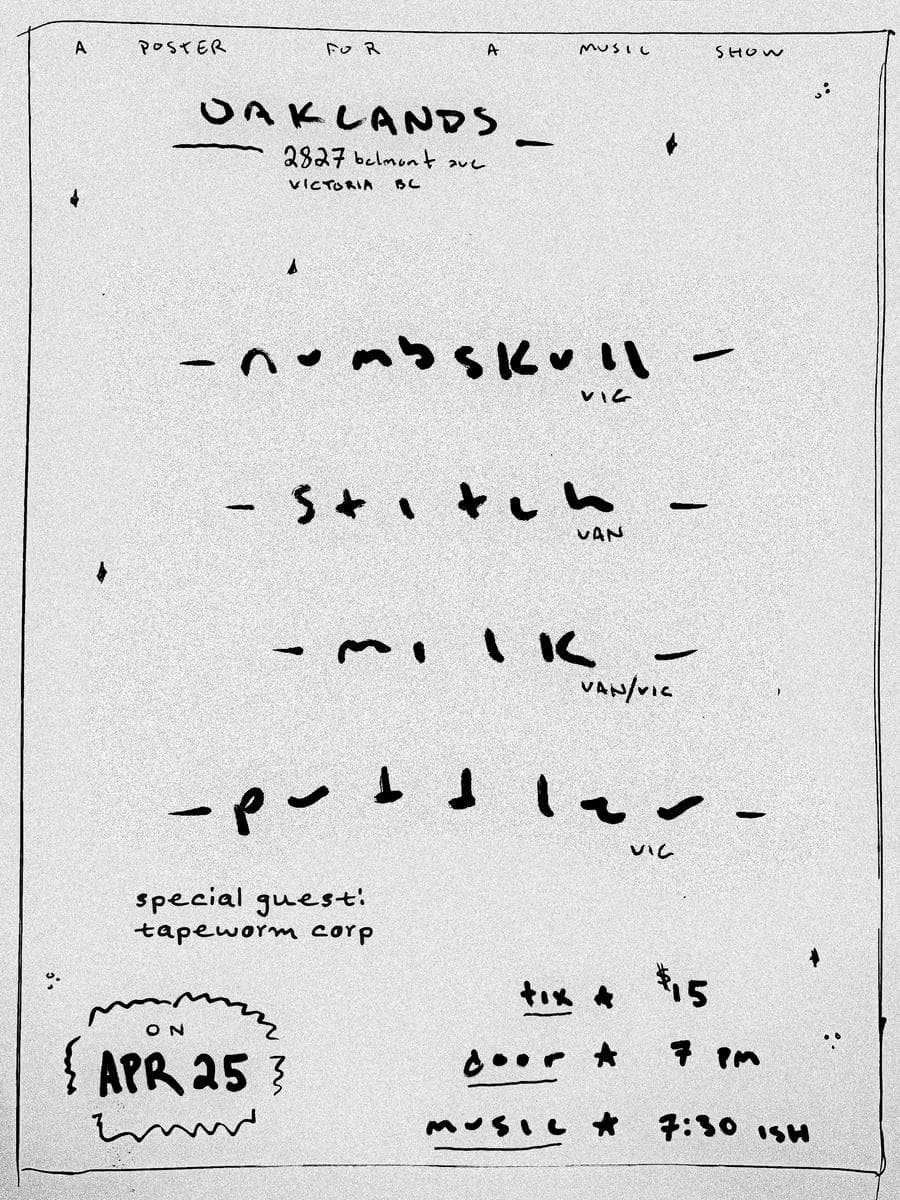 numbskull, stitch, puddler, milk, tapeworm corp at Oaklands Community Center