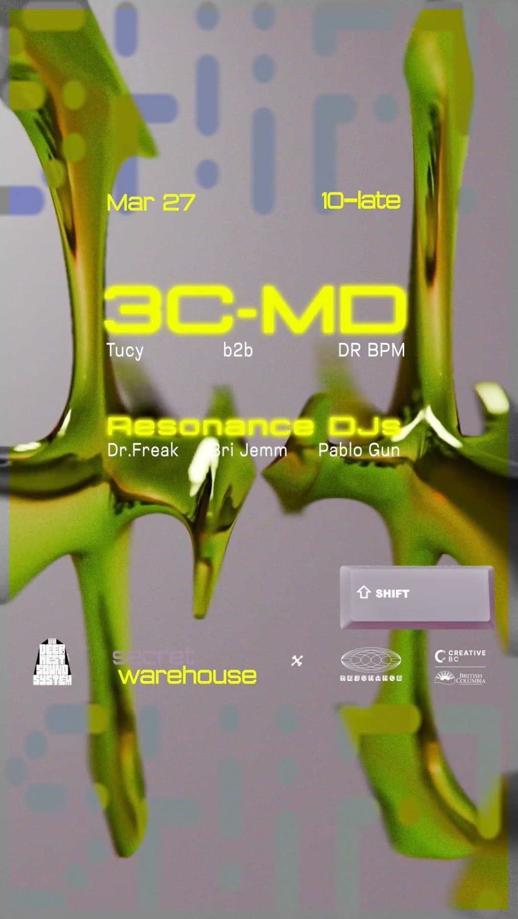 ⇧ SHIFT Warehouse Party: 3C-MD (DR BPM b2b TUCY) + Resonance DJs — Live Music in Victoria