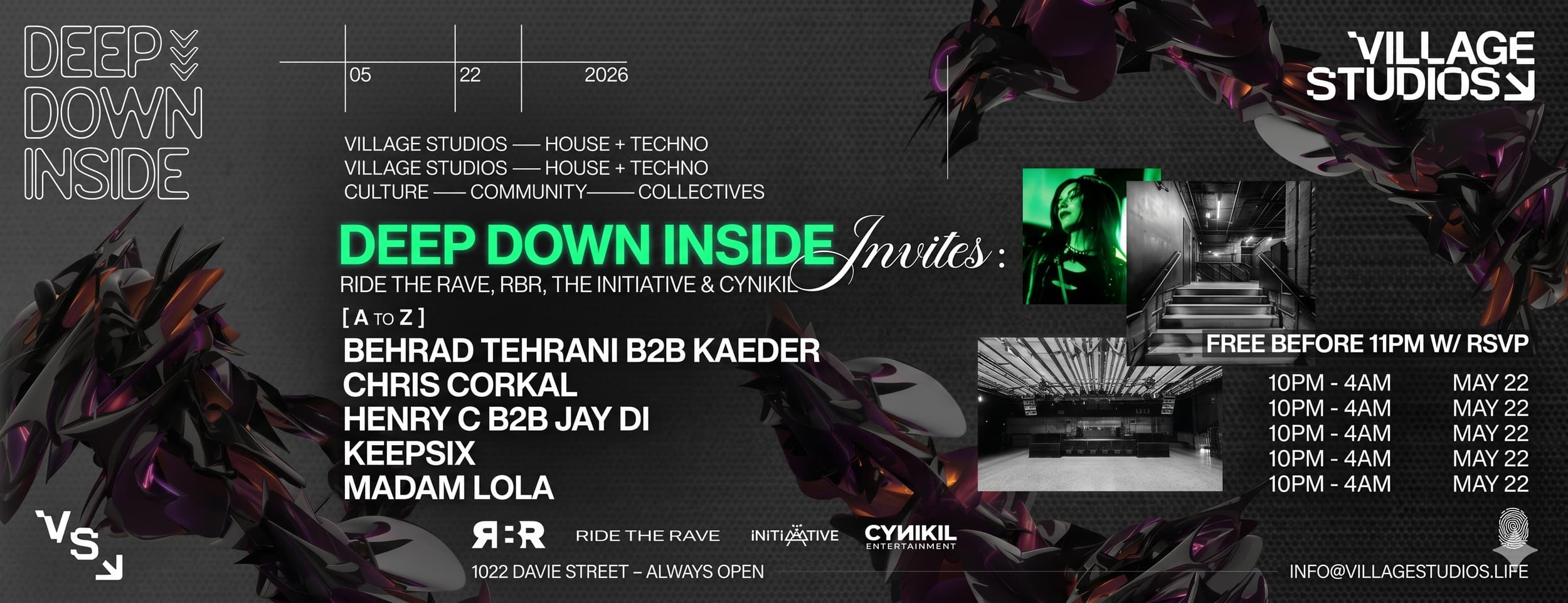 Deep Down Inside Invites Friday, May 22 at VILLAGE STUDIOS
1024 DAVIE STREET