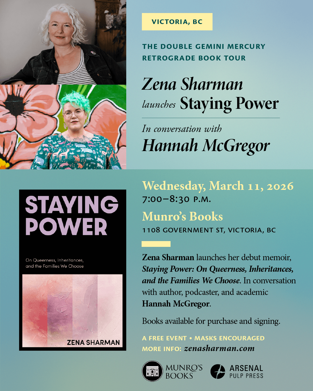 Book Launch: Zena Sharman in conversation with Hannah McGregor at Munro's Books - 1108 Government St