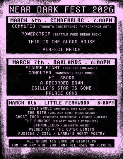 Near Dark Fest Night 3: Fussing, High Grove, The Rita, Ghost Taco, The Furance, Schnudlebug, Pseudo73 + The Outer Limits, CSTL, Larry’s Horney Poetry at Paul Phillips Hall